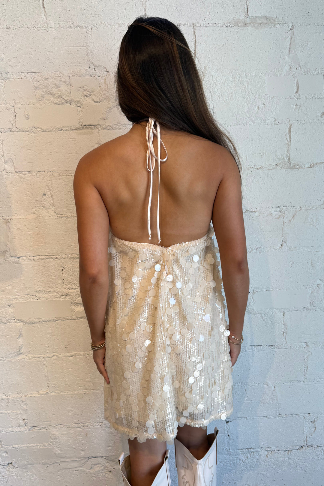 silver halter dress, silver sequin dress, silver sequin halter dress, cream sequin dress