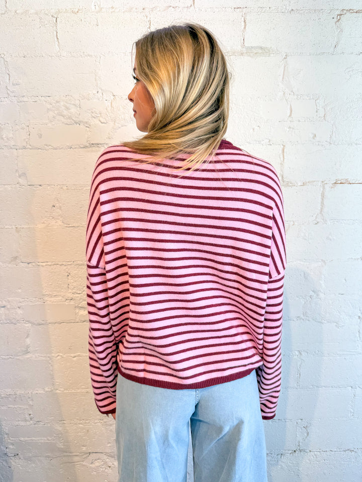 red and pink stripe sweater , stripe sweater, stripe henley sweater, dallas boutique 