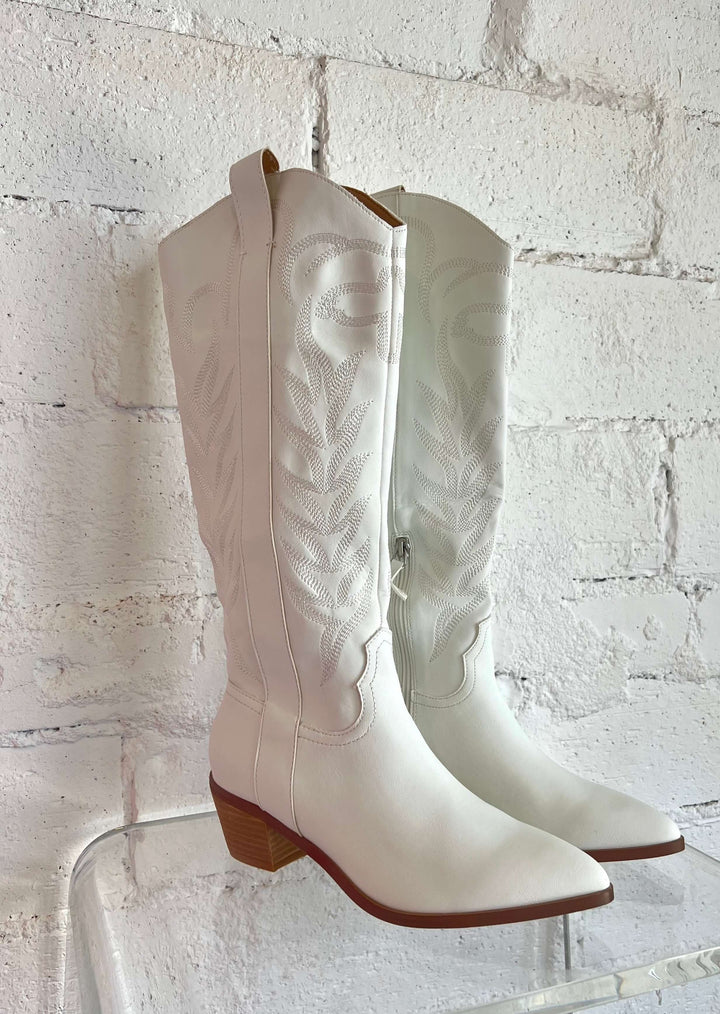 White Inlay Vegan Cowboy Boots, Shoes, adeline, Adeline, dallas boutique, dallas texas, texas boutique, women's boutique dallas, adeline boutique, dallas boutique, trendy boutique, affordable boutique, white cowboy boots, cowboy boots, white boots, affordable cowboy boots, vegan cowboy boots